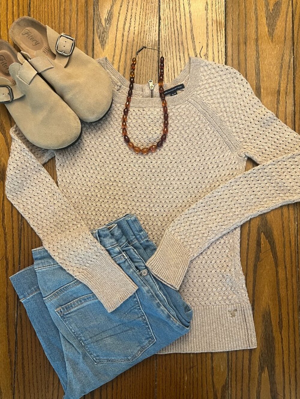 American Eagle Taupe Open Knit Back Zip Sweater XS
